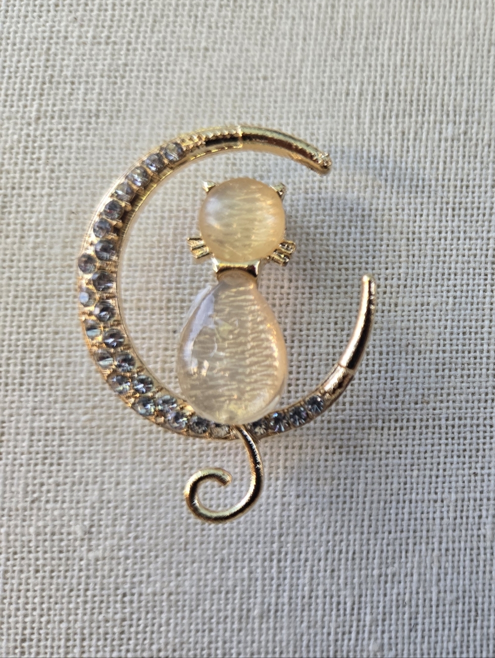 Gold Cat Crescent Moon Brooch with Opalescent Stones